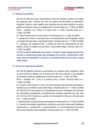 30
Lei n. 8.069/1990
CADERNO ESQUEMATIZADO
www.grancursosonline.com.br
14) Difusão da pedofilia
Art. 241-A. Oferecer, trocar, disponibilizar, transmitir, distribuir, publicar ou divulgar
por qualquer meio, inclusive por meio de sistema de informática ou telemático,
fotografia, vídeo ou outro registro que contenha cena de sexo explícito ou porno-
gráfica envolvendo criança ou adolescente: (Incluído pela Lei n. 11.829, de 2008)
Pena – reclusão, de 3 (três) a 6 (seis) anos, e multa. (Incluído pela Lei n.
11.829, de 2008)
§ 1º
Nas mesmas penas incorre quem: (Incluído pela Lei n. 11.829, de 2008)
I – assegura os meios ou serviços para o armazenamento das fotografias, cenas
ou imagens de que trata o caput deste artigo; (Incluído pela Lei n. 11.829, de 2008)
II – assegura, por qualquer meio, o acesso por rede de computadores às foto-
grafias, cenas ou imagens de que trata o caput deste artigo. (Incluído pela Lei n.
11.829, de 2008)
§ 2º
As condutas tipificadas nos incisos I e II do § 1º
deste artigo são puníveis
quando o responsável legal pela prestação do serviço, oficialmente notifi-
cado, deixa de desabilitar o acesso ao conteúdo ilícito de que trata o caput
deste artigo.
15) Posse de material pornográfico
Art. 241-B. Adquirir, possuir ou armazenar, por qualquer meio, fotografia, vídeo
ou outra forma de registro que contenha cena de sexo explícito ou pornográfica
envolvendo criança ou adolescente: (Incluído pela Lei n. 11.829, de 2008)
Pena – reclusão, de 1 (um) a 4 (quatro) anos, e multa. (Incluído pela Lei n.
11.829, de 2008)
§ 1º
A pena é diminuída de 1 (um) a 2/3 (dois terços) se de pequena quantidade o
material a que se refere o caput deste artigo. (Incluído pela Lei n. 11.829, de 2008)
§ 2º
Não há crime se a posse ou o armazenamento tem a finalidade de comunicar
às autoridades competentes a ocorrência das condutas descritas nos arts. 240,
241, 241-A e 241-C desta Lei, quando a comunicação for feita por: (Incluído pela
Lei n. 11.829, de 2008)
I–agentepúbliconoexercíciodesuasfunções;(IncluídopelaLein.11.829,de2008)
II – membro de entidade, legalmente constituída, que inclua, entre suas finalidades
institucionais, o recebimento, o processamento e o encaminhamento de notícia
dos crimes referidos neste parágrafo; (Incluído pela Lei n. 11.829, de 2008)
 