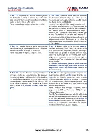 35
Lei n. 8.069/1990
CADERNO ESQUEMATIZADO
www.grancursosonline.com.br
5. Art. 239. Promover ou auxiliar a efetivação de
ato destinado ao envio de criança ou adolescente
para o exterior com inobservância das formalidades
legais ou com o fito de obter lucro:
Pena – reclusão de quatro a seis anos, e multa.
5. Art. 149-A. Agenciar, aliciar, recrutar, transpor-
tar, transferir, comprar, alojar ou acolher pessoa,
mediante grave ameaça, violência, coação, fraude
ou abuso, com a finalidade de
remover-lhe órgãos, tecidos ou partes do corpo; II –
submetê-la a trabalho em condições análogas à de
escravo III – submetê-la a qualquer tipo de servidão;
IV – adoção ilegal; V – exploração sexual. Pena –
reclusão, de 4 (quatro) a 8 (oito) anos, e multa. § 1º
A pena é aumentada de um terço até a metade se
o crime for cometido contra criança, adolescente ou
pessoa idosa ou com deficiência; IV – a vítima do
tráfico de pessoas for retirada do território nacional.
(Código Penal).
6. Art. 242. Vender, fornecer ainda que gratuita-
mente ou entregar, de qualquer forma, a criança ou
adolescente arma, munição ou explosivo:
Pena – reclusão, de 3 (três) a 6 (seis) anos.
6. Art. 16. Possuir, deter, portar, adquirir, fornecer,
receber, ter em depósito, transportar, ceder, ainda
que gratuitamente, emprestar, remeter, empregar,
manter sob sua guarda ou ocultar arma de fogo,
acessório ou munição de uso restrito, sem autori-
zação e em desacordo com determinação legal ou
regulamentar. Pena – reclusão, de 3 (três) a 6 (seis)
anos, e multa.
v – vender, entregar ou fornecer, ainda que gra-
tuitamente, arma de fogo, acessório, munição ou
explosivo a criança ou adolescente. (Estatuto do
Desarmamento)
7. Art. 243. Vender, fornecer, servir, ministrar ou
entregar, ainda que gratuitamente, de qualquer
forma, a criança ou a adolescente, bebida alcoólica
ou, sem justa causa, outros produtos cujos compo-
nentes possam causar dependência física ou psí-
quica. Pena – detenção de 2 (dois) a 4 (quatro)
anos, e multa, se o fato não constitui crime mais
grave.
7. Art. 33. Importar, exportar, remeter, preparar, pro-
duzir, fabricar, adquirir, vender, expor à venda, ofe-
recer, ter em depósito, transportar, trazer consigo,
guardar, prescrever, ministrar, entregar a consumo
ou fornecer drogas, ainda que gratuitamente, sem
autorização ou em desacordo com determinação
legal ou regulamentar:
Pena – reclusão de 5 (cinco) a 15 (quinze) anos e
pagamento de 500 (quinhentos) a 1.500 (mil e qui-
nhentos) dias-multa.
Art. 40. As penas previstas nos arts. 33 a 37 desta
Lei são aumentadas de um sexto a dois terços, se VI
– sua prática envolver ou visar a atingir criança ou
adolescente ou a quem tenha, por qualquer motivo,
diminuída ou suprimida a capacidade de entendi-
mento e determinação. (Lei de drogas).
 