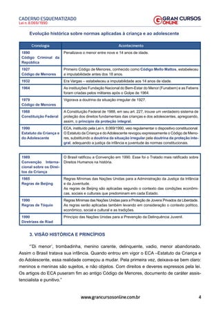 4
Lei n. 8.069/1990
CADERNO ESQUEMATIZADO
www.grancursosonline.com.br
Evolução histórica sobre normas aplicadas à criança e ao adolescente
Cronologia Acontecimento
1890
Código Criminal da
República
Penalizava o menor entre nove e 14 anos de idade.
1927
Código de Menores
Primeiro Código de Menores, conhecido como Código Mello Mattos, estabeleceu
a imputabilidade antes dos 18 anos.
1932 Era Vargas – estabeleceu a imputabilidade aos 14 anos de idade.
1964 As instituições Fundação Nacional do Bem-Estar do Menor (Funabem) e as Febens
foram criadas pelos militares após o Golpe de 1964.
1979
Código de Menores
Vigorava a doutrina da situação irregular de 1927.
1988
Constituição Federal
A Constituição Federal de 1988, em seu art. 227, trouxe um verdadeiro sistema de
proteção dos direitos fundamentais das crianças e dos adolescentes, apregoando,
assim, o princípio da proteção integral.
1990
Estatuto da Criança e
do Adolescente
ECA, instituído pela Lei n. 8.069/1990, veio regulamentar o dispositivo constitucional.
O Estatuto da Criança e doAdolescente revogou expressamente o Código de Meno-
res, substituindo a doutrina da situação irregular pela doutrina da proteção inte-
gral, adequando a justiça da infância e juventude às normas constitucionais.
1989
Convenção Interna-
cional sobre os Direi-
tos da Criança
O Brasil ratificou a Convenção em 1990. Esse foi o Tratado mais ratificado sobre
Direitos Humanos na história.
1985
Regras de Beijing
Regras Mínimas das Nações Unidas para a Administração da Justiça da Infância
e da Juventude.
As regras de Beijing são aplicadas segundo o contexto das condições econômi-
cas, sociais e culturais que predominam em cada Estado.
1990
Regras de Tóquio
Regras Mínimas das Nações Unidas para a Proteção de Jovens Privados da Liberdade.
As regras serão aplicadas também levando em consideração o contexto político,
econômico, social e cultural e as tradições.
1990
Diretrizes de Riad
Princípio das Nações Unidas para a Prevenção da Delinquência Juvenil.
3. VISÃO HISTÓRICA E PRINCÍPIOS
“’Di menor’, trombadinha, menino carente, delinquente, vadio, menor abandonado.
Assim o Brasil tratava sua infância. Quando entrou em vigor o ECA –Estatuto da Criança e
do Adolescente, essa realidade começou a mudar. Pela primeira vez, deixava-se bem claro:
meninos e meninas são sujeitos, e não objetos. Com direitos e deveres expressos pela lei.
Os artigos do ECA puseram fim ao antigo Código de Menores, documento de caráter assis-
tencialista e punitivo.”
 