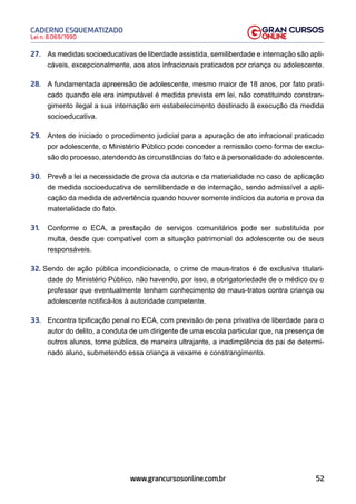 52
Lei n. 8.069/1990
CADERNO ESQUEMATIZADO
www.grancursosonline.com.br
27. As medidas socioeducativas de liberdade assistida, semiliberdade e internação são apli-
cáveis, excepcionalmente, aos atos infracionais praticados por criança ou adolescente.
28. A fundamentada apreensão de adolescente, mesmo maior de 18 anos, por fato prati-
cado quando ele era inimputável é medida prevista em lei, não constituindo constran-
gimento ilegal a sua internação em estabelecimento destinado à execução da medida
socioeducativa.
29. Antes de iniciado o procedimento judicial para a apuração de ato infracional praticado
por adolescente, o Ministério Público pode conceder a remissão como forma de exclu-
são do processo, atendendo às circunstâncias do fato e à personalidade do adolescente.
30. Prevê a lei a necessidade de prova da autoria e da materialidade no caso de aplicação
de medida socioeducativa de semiliberdade e de internação, sendo admissível a apli-
cação da medida de advertência quando houver somente indícios da autoria e prova da
materialidade do fato.
31. Conforme o ECA, a prestação de serviços comunitários pode ser substituída por
multa, desde que compatível com a situação patrimonial do adolescente ou de seus
responsáveis.
32. Sendo de ação pública incondicionada, o crime de maus-tratos é de exclusiva titulari-
dade do Ministério Público, não havendo, por isso, a obrigatoriedade de o médico ou o
professor que eventualmente tenham conhecimento de maus-tratos contra criança ou
adolescente notificá-los à autoridade competente.
33. Encontra tipificação penal no ECA, com previsão de pena privativa de liberdade para o
autor do delito, a conduta de um dirigente de uma escola particular que, na presença de
outros alunos, torne pública, de maneira ultrajante, a inadimplência do pai de determi-
nado aluno, submetendo essa criança a vexame e constrangimento.
 