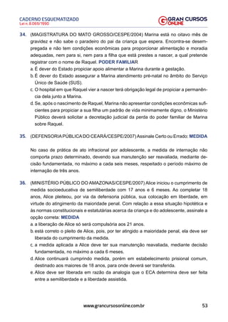 53
Lei n. 8.069/1990
CADERNO ESQUEMATIZADO
www.grancursosonline.com.br
34. (MAGISTRATURA DO MATO GROSSO/CESPE/2004) Marina está no oitavo mês de
gravidez e não sabe o paradeiro do pai da criança que espera. Encontra-se desem-
pregada e não tem condições econômicas para proporcionar alimentação e moradia
adequadas, nem para si, nem para a filha que está prestes a nascer, a qual pretende
registrar com o nome de Raquel. PODER FAMILIAR
a. É dever do Estado propiciar apoio alimentar a Marina durante a gestação.
b. É dever do Estado assegurar a Marina atendimento pré-natal no âmbito do Serviço
Único de Saúde (SUS).
c. O hospital em que Raquel vier a nascer terá obrigação legal de propiciar a permanên-
cia dela junto a Marina.
d. Se, após o nascimento de Raquel, Marina não apresentar condições econômicas sufi-
cientes para propiciar a sua filha um padrão de vida minimamente digno, o Ministério
Público deverá solicitar a decretação judicial da perda do poder familiar de Marina
sobre Raquel.
35. (DEFENSORIAPÚBLICADO CEARÁ/CESPE/2007)Assinale Certo ou Errado: MEDIDA
No caso de prática de ato infracional por adolescente, a medida de internação não
comporta prazo determinado, devendo sua manutenção ser reavaliada, mediante de-
cisão fundamentada, no máximo a cada seis meses, respeitado o período máximo de
internação de três anos.
36. (MINISTÉRIO PÚBLICO DO AMAZONAS/CESPE/2007) Alice iniciou o cumprimento de
medida socioeducativa de semiliberdade com 17 anos e 6 meses. Ao completar 18
anos, Alice pleiteou, por via da defensoria pública, sua colocação em liberdade, em
virtude do atingimento da maioridade penal. Com relação a essa situação hipotética e
às normas constitucionais e estatutárias acerca da criança e do adolescente, assinale a
opção correta: MEDIDA
a. a liberação de Alice só será compulsória aos 21 anos.
b. está correto o pleito de Alice, pois, por ter atingido a maioridade penal, ela deve ser
liberada do cumprimento da medida.
c. a medida aplicada a Alice deve ter sua manutenção reavaliada, mediante decisão
fundamentada, no máximo a cada 6 meses.
d. Alice continuará cumprindo medida, porém em estabelecimento prisional comum,
destinado aos maiores de 18 anos, para onde deverá ser transferida.
e. Alice deve ser liberada em razão da analogia que o ECA determina deve ser feita
entre a semiliberdade e a liberdade assistida.
 
