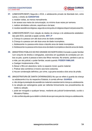 54
Lei n. 8.069/1990
CADERNO ESQUEMATIZADO
www.grancursosonline.com.br
37. (UNB/CESPE/SEDF) Segundo o ECA, o adolescente privado de liberdade tem, entre
outros, o direito de GARANTIAS
a. receber visitas, ao menos mensalmente.
b. ter acesso aos meios de comunicação, no mínimo duas vezes por semana.
c. realizar atividades culturais, esportivas e de lazer.
d. receberassistênciareligiosa,segundoacrençadeumreligiosodisponívelparaessefim.
38. (UNB/CESPE/SEDF) Com relação às idades da criança e do adolescente estabeleci-
das pelo ECA, assinale a opção correta. ART. 2º
a. Criança é a pessoa com até doze anos de idade completos.
b. Criança é a pessoa com até doze anos de idade incompletos.
c. Adolescente é a pessoa entre doze e dezoito anos de idade incompletos.
d. Adolescente é a pessoa entre doze anos de idade incompletos e dezoito anos de idade.
39. (MINISTÉRIO PÚBLICO DO RIO GRANDE DO NORTE/2004) Consiste o poder familiar
num conjunto de direitos e obrigações, exercidos em igualdade de condições por am-
bos os pais, quanto à pessoa e bens dos filhos menores. No entanto, perderá o pai ou
a mãe, por ato judicial, o poder familiar, exceto quando: PODER FAMILIAR
a. Castigar imoderamente o filho.
b. Deixar o filho em abandono, tanto no aspecto moral, quanto material.
c. Praticar atos contrários à moral e aos bons costumes.
d. Houver condenação definitiva, por crime, cuja pena exceda a dois anos de prisão.
40. (MAGISTRATURA DE SANTA CATARINA/2003) No que se refere à guarda da criança
ou adolescente à luz do respectivo Estatuto, é correto afirmar: GUARDA
a. não obriga à prestação de assistência material e assistencial à criança ou adolescente.
b. na adoção por estrangeiros pode ser deferida liminarmente nos procedimentos de
tutela ou adoção.
c. pode ser revogado a qualquer tempo, mediante ato judicial fundamentado, ouvido o
Ministério Público.
d. não confere àquele que a detém o direito de se opor aos pais da criança ou adolescente.
 