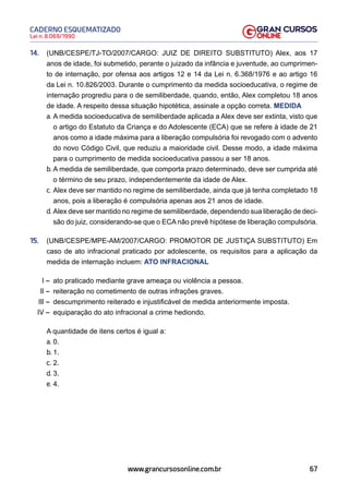 67
Lei n. 8.069/1990
CADERNO ESQUEMATIZADO
www.grancursosonline.com.br
14. (UNB/CESPE/TJ-TO/2007/CARGO: JUIZ DE DIREITO SUBSTITUTO) Alex, aos 17
anos de idade, foi submetido, perante o juizado da infância e juventude, ao cumprimen-
to de internação, por ofensa aos artigos 12 e 14 da Lei n. 6.368/1976 e ao artigo 16
da Lei n. 10.826/2003. Durante o cumprimento da medida socioeducativa, o regime de
internação progrediu para o de semiliberdade, quando, então, Alex completou 18 anos
de idade. A respeito dessa situação hipotética, assinale a opção correta. MEDIDA
a. A medida socioeducativa de semiliberdade aplicada a Alex deve ser extinta, visto que
o artigo do Estatuto da Criança e do Adolescente (ECA) que se refere à idade de 21
anos como a idade máxima para a liberação compulsória foi revogado com o advento
do novo Código Civil, que reduziu a maioridade civil. Desse modo, a idade máxima
para o cumprimento de medida socioeducativa passou a ser 18 anos.
b. A medida de semiliberdade, que comporta prazo determinado, deve ser cumprida até
o término de seu prazo, independentemente da idade de Alex.
c. Alex deve ser mantido no regime de semiliberdade, ainda que já tenha completado 18
anos, pois a liberação é compulsória apenas aos 21 anos de idade.
d. Alex deve ser mantido no regime de semiliberdade, dependendo sua liberação de deci-
são do juiz, considerando-se que o ECA não prevê hipótese de liberação compulsória.
15. (UNB/CESPE/MPE-AM/2007/CARGO: PROMOTOR DE JUSTIÇA SUBSTITUTO) Em
caso de ato infracional praticado por adolescente, os requisitos para a aplicação da
medida de internação incluem: ATO INFRACIONAL
I – ato praticado mediante grave ameaça ou violência a pessoa.
II – reiteração no cometimento de outras infrações graves.
III – descumprimento reiterado e injustificável de medida anteriormente imposta.
IV – equiparação do ato infracional a crime hediondo.
A quantidade de itens certos é igual a:
a. 0.
b. 1.
c. 2.
d. 3.
e. 4.
 