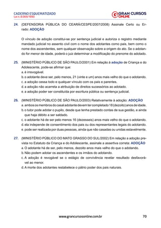70
Lei n. 8.069/1990
CADERNO ESQUEMATIZADO
www.grancursosonline.com.br
24. (DEFENSORIA PÚBLICA DO CEARÁ/CESPE/2007/2008) Assinale Certo ou Er-
rado: ADOÇÃO
O vínculo de adoção constitui-se por sentença judicial e autoriza o registro mediante
mandado judicial no assento civil com o nome dos adotantes como pais, bem como o
nome dos ascendentes, sem qualquer observação sobre a origem do ato. Se o adotan-
do for menor de idade, poderá o juiz determinar a modificação do prenome do adotado.
25. (MINISTÉRIO PÚBLICO DE SÃO PAULO/2001) Em relação à adoção de Criança e do
Adolescente, pode-se afirmar que:
a. é irrevogável.
b. o adotante deve ser, pelo menos, 21 (vinte e um) anos mais velho do que o adotando.
c. a adoção cessa todo e qualquer vínculo com os pais e parentes.
d. a adoção não acarreta a atribuição de direitos sucessórios ao adotado.
e. a adoção poder ser constituída por escritura pública ou sentença judicial.
26. (MINISTÉRIO PÚBLICO DE SÃO PAULO/2003) Relativamente à adoção: ADOÇÃO
a. ambososmembrosdocasaladotantedevemtercompletado18(dezoito)anosdeidade.
b. o tutor pode adotar o pupilo, desde que tenha prestado contas de sua gestão, e ainda
que haja débito a ser saldado.
c. o adotante há de ser pelo menos 16 (dezesseis) anos mais velho do que o adotando.
d. ela independe de consentimento dos pais ou dos representantes legais do adotando.
e. pode ser realizada por duas pessoas, ainda que não casadas ou unidas estavelmente.
27. (MINISTÉRIO PÚBLICO DO MATO GRASSO DO SUL/2002) Em relação a adoção pre-
vista no Estatuto da Criança e do Adolescente, assinale a assertiva correta: ADOÇÃO
a. O adotante há de ser, pelo menos, dezoito anos mais velho do que o adotando.
b. Não podem adotar os ascendentes e os irmãos do adotando.
c. A adoção é revogável se o estágio de convivência revelar resultado desfavorá-
vel ao menor.
d. A morte dos adotantes restabelece o pátrio poder dos pais naturais.
 
