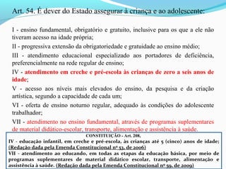 Art. 54. É dever do Estado assegurar à criança e ao adolescente:
I - ensino fundamental, obrigatório e gratuito, inclusive para os que a ele não
tiveram acesso na idade própria;
II - progressiva extensão da obrigatoriedade e gratuidade ao ensino médio;
III - atendimento educacional especializado aos portadores de deficiência,
preferencialmente na rede regular de ensino;
IV - atendimento em creche e pré-escola às crianças de zero a seis anos de
idade;
V - acesso aos níveis mais elevados do ensino, da pesquisa e da criação
artística, segundo a capacidade de cada um;
VI - oferta de ensino noturno regular, adequado às condições do adolescente
trabalhador;
VII - atendimento no ensino fundamental, através de programas suplementares
de material didático-escolar, transporte, alimentação e assistência à saúde.
CONSTITUIÇÃO - Art. 208,
IV - educação infantil, em creche e pré-escola, às crianças até 5 (cinco) anos de idade;
(Redação dada pela Emenda Constitucional nº 53, de 2006)
VII - atendimento ao educando, em todas as etapas da educação básica, por meio de
programas suplementares de material didático escolar, transporte, alimentação e
assistência à saúde. (Redação dada pela Emenda Constitucional nº 59, de 2009)
 