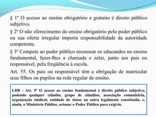 § 1º O acesso ao ensino obrigatório e gratuito é direito público
subjetivo.
§ 2º O não oferecimento do ensino obrigatório pelo poder público
ou sua oferta irregular importa responsabilidade da autoridade
competente.
§ 3º Compete ao poder público recensear os educandos no ensino
fundamental, fazer-lhes a chamada e zelar, junto aos pais ou
responsável, pela freqüência à escola.
Art. 55. Os pais ou responsável têm a obrigação de matricular
seus filhos ou pupilos na rede regular de ensino.
LDB - Art. 5º O acesso ao ensino fundamental é direito público subjetivo,
podendo qualquer cidadão, grupo de cidadãos, associação comunitária,
organização sindical, entidade de classe ou outra legalmente constituída, e,
ainda, o Ministério Público, acionar o Poder Público para exigi-lo.
 