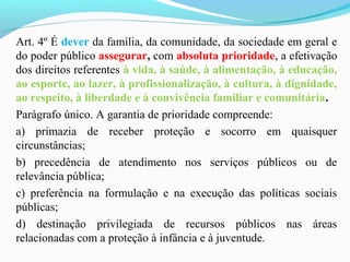 Art. 4º É dever da família, da comunidade, da sociedade em geral e
do poder público assegurar, com absoluta prioridade, a efetivação
dos direitos referentes à vida, à saúde, à alimentação, à educação,
ao esporte, ao lazer, à profissionalização, à cultura, à dignidade,
ao respeito, à liberdade e à convivência familiar e comunitária.
Parágrafo único. A garantia de prioridade compreende:
a) primazia de receber proteção e socorro em quaisquer
circunstâncias;
b) precedência de atendimento nos serviços públicos ou de
relevância pública;
c) preferência na formulação e na execução das políticas sociais
públicas;
d) destinação privilegiada de recursos públicos nas áreas
relacionadas com a proteção à infância e à juventude.
 