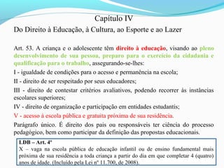 Capítulo IV
Do Direito à Educação, à Cultura, ao Esporte e ao Lazer
Art. 53. A criança e o adolescente têm direito à educação, visando ao pleno
desenvolvimento de sua pessoa, preparo para o exercício da cidadania e
qualificação para o trabalho, assegurando-se-lhes:
I - igualdade de condições para o acesso e permanência na escola;
II - direito de ser respeitado por seus educadores;
III - direito de contestar critérios avaliativos, podendo recorrer às instâncias
escolares superiores;
IV - direito de organização e participação em entidades estudantis;
V - acesso à escola pública e gratuita próxima de sua residência.
Parágrafo único. É direito dos pais ou responsáveis ter ciência do processo
pedagógico, bem como participar da definição das propostas educacionais.
LDB – Art. 4º
X – vaga na escola pública de educação infantil ou de ensino fundamental mais
próxima de sua residência a toda criança a partir do dia em que completar 4 (quatro)
anos de idade. (Incluído pela Lei nº 11.700, de 2008).
 