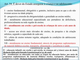 Art. 54. É dever do Estado assegurar à criança e ao adolescente:
I - ensino fundamental, obrigatório e gratuito, inclusive para os que a ele não
tiveram acesso na idade própria;
II - progressiva extensão da obrigatoriedade e gratuidade ao ensino médio;
III - atendimento educacional especializado aos portadores de deficiência,
preferencialmente na rede regular de ensino;
IV - atendimento em creche e pré-escola às crianças de zero a seis anos de
idade;
V - acesso aos níveis mais elevados do ensino, da pesquisa e da criação
artística, segundo a capacidade de cada um;
VI - oferta de ensino noturno regular, adequado às condições do adolescente
trabalhador;
VII - atendimento no ensino fundamental, através de programas suplementares
de material didático-escolar, transporte, alimentação e assistência à saúde.
CONSTITUIÇÃO - Art. 208,
IV - educação infantil, em creche e pré-escola, às crianças até 5 (cinco) anos de idade;
(Redação dada pela Emenda Constitucional nº 53, de 2006)
VII - atendimento ao educando, em todas as etapas da educação básica, por meio de
programas suplementares de material didático escolar, transporte, alimentação e
assistência à saúde. (Redação dada pela Emenda Constitucional nº 59, de 2009)
 