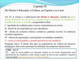 Capítulo IV
Do Direito à Educação, à Cultura, ao Esporte e ao Lazer
Art. 53. A criança e o adolescente têm direito à educação, visando ao pleno
desenvolvimento de sua pessoa, preparo para o exercício da cidadania e
qualificação para o trabalho, assegurando-se-lhes:
I - igualdade de condições para o acesso e permanência na escola;
II - direito de ser respeitado por seus educadores;
III - direito de contestar critérios avaliativos, podendo recorrer às instâncias
escolares superiores;
IV - direito de organização e participação em entidades estudantis;
V - acesso à escola pública e gratuita próxima de sua residência.
Parágrafo único. É direito dos pais ou responsáveis ter ciência do processo
pedagógico, bem como participar da definição das propostas educacionais.
LDB – Art. 4º
X – vaga na escola pública de educação infantil ou de ensino fundamental mais
próxima de sua residência a toda criança a partir do dia em que completar 4 (quatro)
anos de idade. (Incluído pela Lei nº 11.700, de 2008).
 