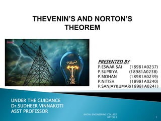 THEVENIN’S AND NORTON’S
THEOREM
PRESENTED BY
P.ESWAR SAI (18981A0237)
P.SUPRIYA (18981A0238)
P.MOHAN (18981A0239)
P.NITISH (18981A0240)
P.SANJAYKUMAR(18981A0241)
UNDER THE GUIDANCE
Dr.SUDHEER VINNAKOTI
ASST PROFESSOR
RAGHU ENGINEERING COLLEGE
BATCH 8 1
 