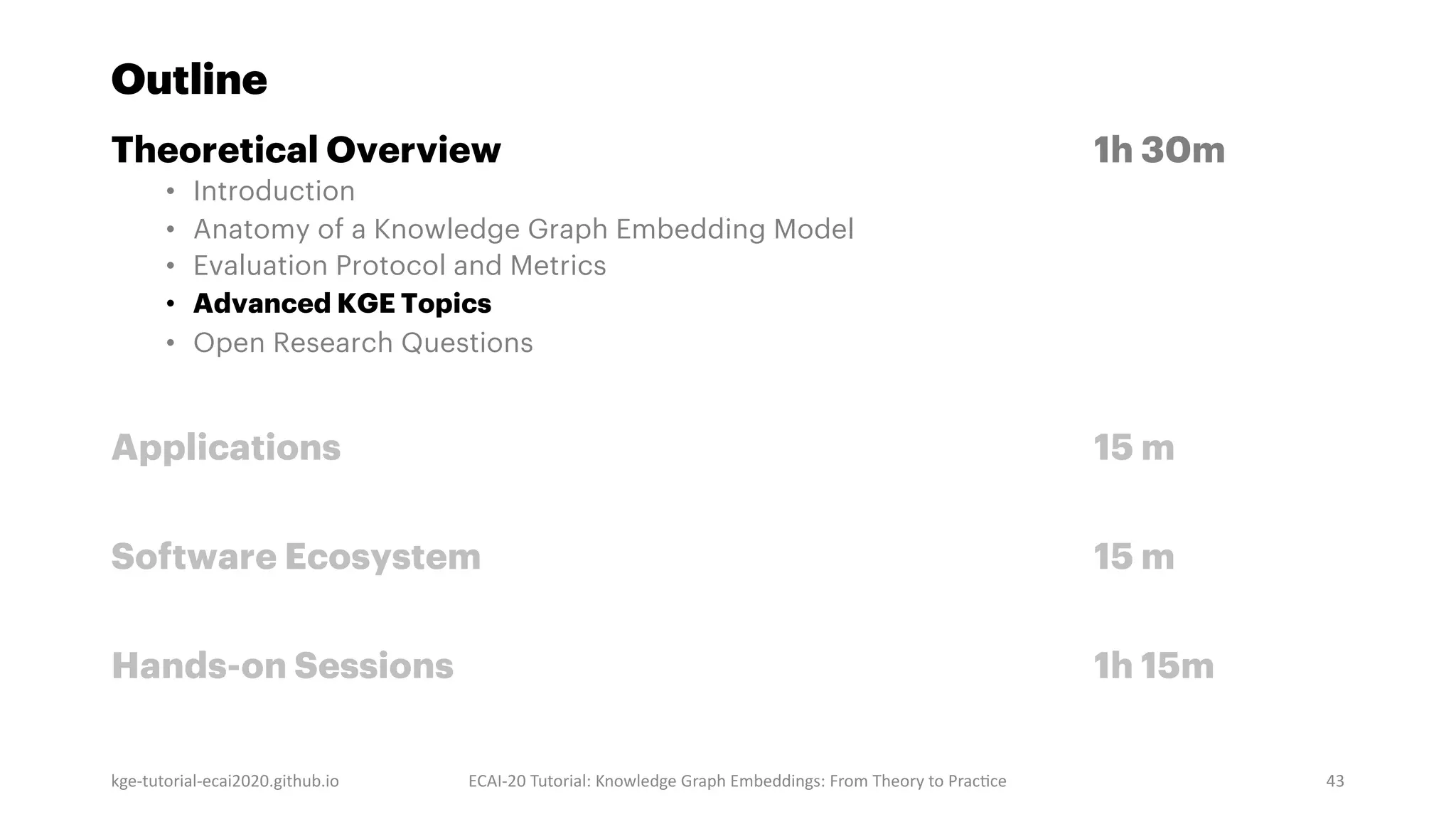 Outline
Theoretical Overview 1h 30m
• Introduction
• Anatomy of a Knowledge Graph Embedding Model
• Evaluation Protocol and Metrics
• Advanced KGE Topics
• Open Research Questions
Applications 15 m
Software Ecosystem 15 m
Hands-on Sessions 1h 15m
kge-tutorial-ecai2020.github.io ECAI-20 Tutorial: Knowledge Graph Embeddings: From Theory to Prac]ce 43
 