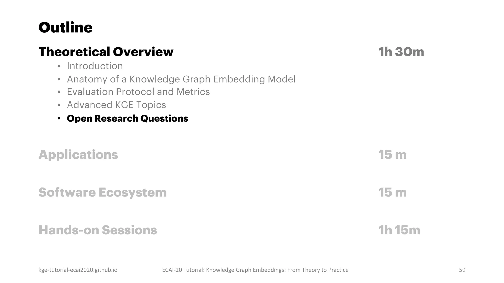 Outline
Theoretical Overview 1h 30m
• Introduction
• Anatomy of a Knowledge Graph Embedding Model
• Evaluation Protocol and Metrics
• Advanced KGE Topics
• Open Research Questions
Applications 15 m
Software Ecosystem 15 m
Hands-on Sessions 1h 15m
kge-tutorial-ecai2020.github.io ECAI-20 Tutorial: Knowledge Graph Embeddings: From Theory to Practice 59
 