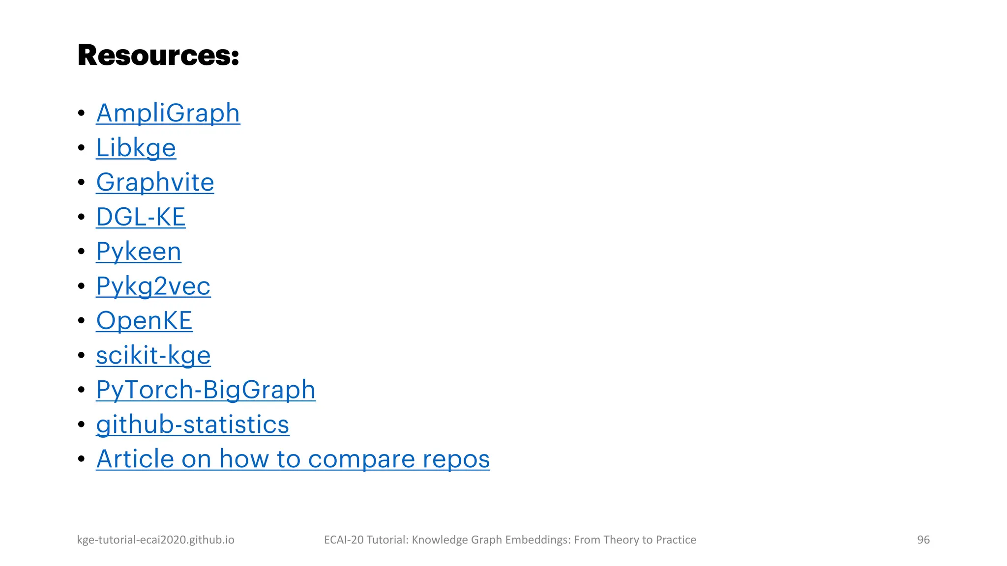 Resources:
• AmpliGraph
• Libkge
• Graphvite
• DGL-KE
• Pykeen
• Pykg2vec
• OpenKE
• scikit-kge
• PyTorch-BigGraph
• github-statistics
• Article on how to compare repos
kge-tutorial-ecai2020.github.io ECAI-20 Tutorial: Knowledge Graph Embeddings: From Theory to Practice 96
 