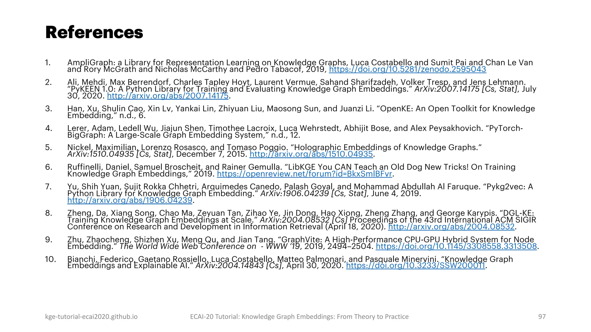 References
1. AmpliGraph: a Library for Representation Learning on Knowledge Graphs, Luca Costabello and Sumit Pai and Chan Le Van
and Rory McGrath and Nicholas McCarthy and Pedro Tabacof, 2019, https://doi.org/10.5281/zenodo.2595043
2. Ali, Mehdi, Max Berrendorf, Charles Tapley Hoyt, Laurent Vermue, Sahand Sharifzadeh, Volker Tresp, and Jens Lehmann.
“PyKEEN 1.0: A Python Library for Training and Evaluating Knowledge Graph Embeddings.” ArXiv:2007.14175 [Cs, Stat], July
30, 2020. http://arxiv.org/abs/2007.14175.
3. Han, Xu, Shulin Cao, Xin Lv, Yankai Lin, Zhiyuan Liu, Maosong Sun, and Juanzi Li. “OpenKE: An Open Toolkit for Knowledge
Embedding,” n.d., 6.
4. Lerer, Adam, Ledell Wu, Jiajun Shen, Timothee Lacroix, Luca Wehrstedt, Abhijit Bose, and Alex Peysakhovich. “PyTorch-
BigGraph: A Large-Scale Graph Embedding System,” n.d., 12.
5. Nickel, Maximilian, Lorenzo Rosasco, and Tomaso Poggio. “Holographic Embeddings of Knowledge Graphs.”
ArXiv:1510.04935 [Cs, Stat], December 7, 2015. http://arxiv.org/abs/1510.04935.
6. Ruffinelli, Daniel, Samuel Broscheit, and Rainer Gemulla. “LibKGE You CAN Teach an Old Dog New Tricks! On Training
Knowledge Graph Embeddings,” 2019. https://openreview.net/forum?id=BkxSmlBFvr.
7. Yu, Shih Yuan, Sujit Rokka Chhetri, Arquimedes Canedo, Palash Goyal, and Mohammad Abdullah Al Faruque. “Pykg2vec: A
Python Library for Knowledge Graph Embedding.” ArXiv:1906.04239 [Cs, Stat], June 4, 2019.
http://arxiv.org/abs/1906.04239.
8. Zheng, Da, Xiang Song, Chao Ma, Zeyuan Tan, Zihao Ye, Jin Dong, Hao Xiong, Zheng Zhang, and George Karypis. “DGL-KE:
Training Knowledge Graph Embeddings at Scale.” ArXiv:2004.08532 [Cs] Proceedings of the 43rd International ACM SIGIR
Conference on Research and Development in Information Retrieval (April 18, 2020). http://arxiv.org/abs/2004.08532.
9. Zhu, Zhaocheng, Shizhen Xu, Meng Qu, and Jian Tang. “GraphVite: A High-Performance CPU-GPU Hybrid System for Node
Embedding.” The World Wide Web Conference on - WWW ’19, 2019, 2494–2504. https://doi.org/10.1145/3308558.3313508.
10. Bianchi, Federico, Gaetano Rossiello, Luca Costabello, Matteo Palmonari, and Pasquale Minervini. “Knowledge Graph
Embeddings and Explainable AI.” ArXiv:2004.14843 [Cs], April 30, 2020. https://doi.org/10.3233/SSW200011.
kge-tutorial-ecai2020.github.io ECAI-20 Tutorial: Knowledge Graph Embeddings: From Theory to Practice 97
 