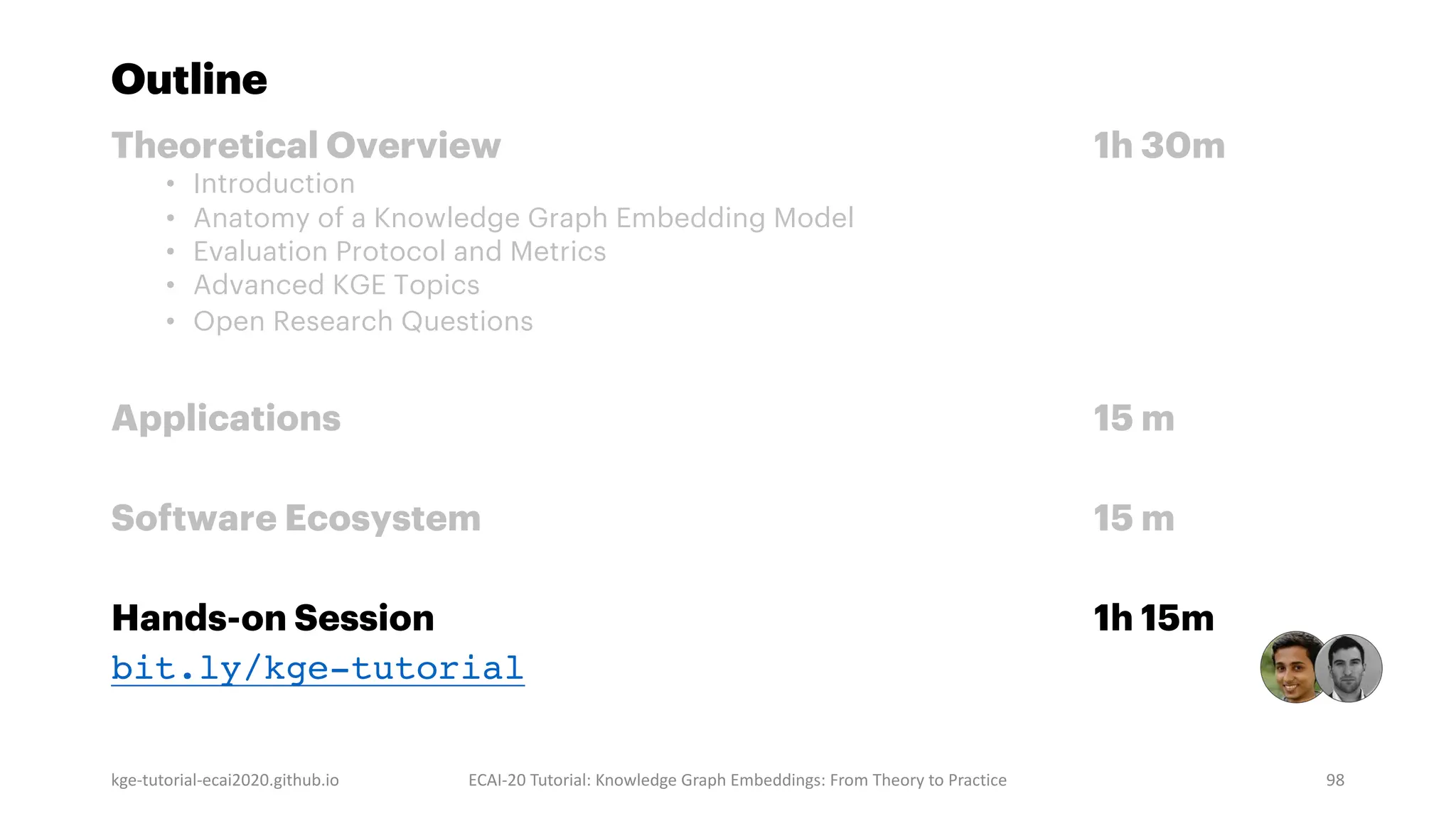 Outline
Theoretical Overview 1h 30m
• Introduction
• Anatomy of a Knowledge Graph Embedding Model
• Evaluation Protocol and Metrics
• Advanced KGE Topics
• Open Research Questions
Applications 15 m
Software Ecosystem 15 m
Hands-on Session 1h 15m
bit.ly/kge-tutorial
kge-tutorial-ecai2020.github.io ECAI-20 Tutorial: Knowledge Graph Embeddings: From Theory to Practice 98
 
