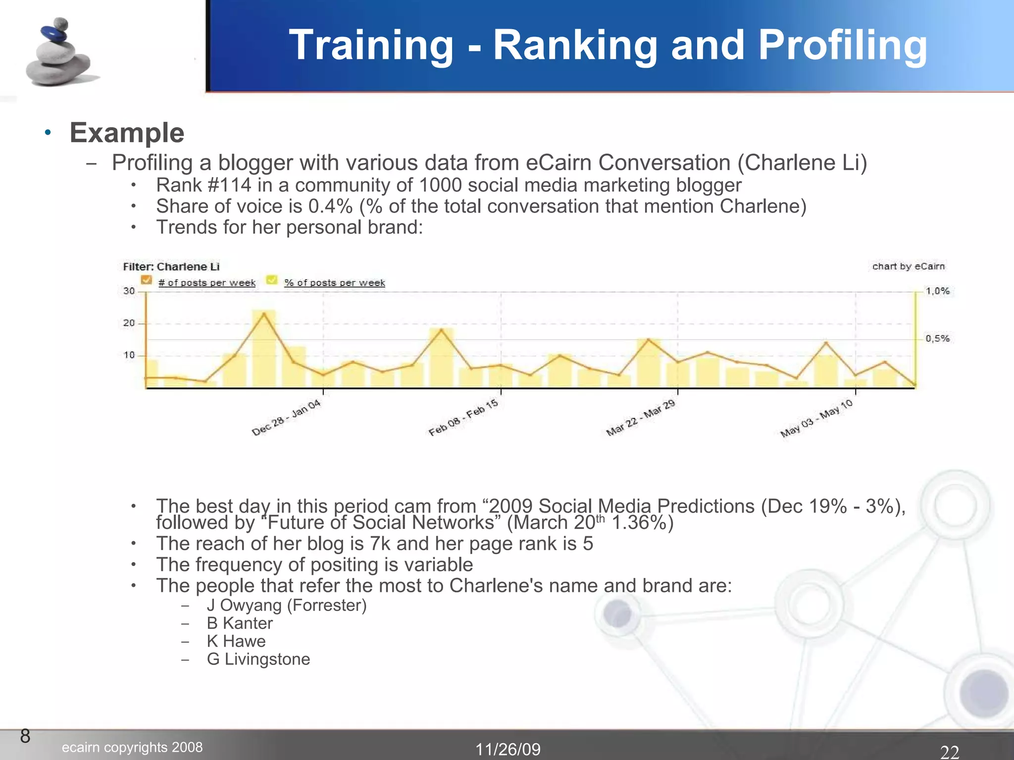 Example Profiling a blogger with various data from eCairn Conversation (Charlene Li)‏ Rank #114 in a community of 1000 social media marketing blogger Share of voice is 0.4% (% of the total conversation that mention Charlene)‏ Trends for her personal brand: The best day in this period cam from “2009 Social Media Predictions (Dec 19% - 3%), followed by “Future of Social Networks” (March 20 th  1.36%)‏ The reach of her blog is 7k and her page rank is 5 The frequency of positing is variable The people that refer the most to Charlene's name and brand are: J Owyang (Forrester)‏ B Kanter K Hawe G Livingstone 8 Training - Ranking and Profiling 