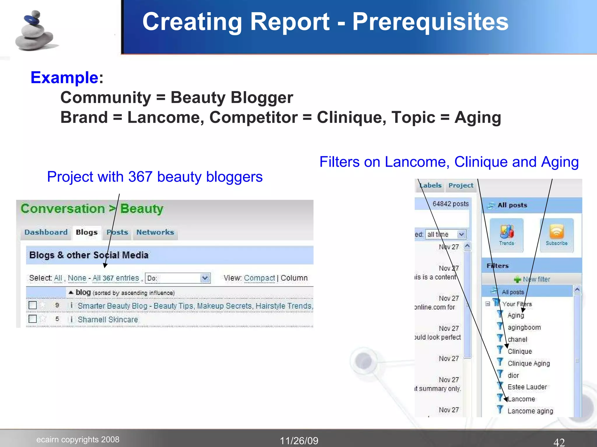 Creating Report - Prerequisites Example : Community = Beauty Blogger Brand = Lancome, Competitor = Clinique, Topic = Aging Project with 367 beauty bloggers Filters on Lancome, Clinique and Aging 