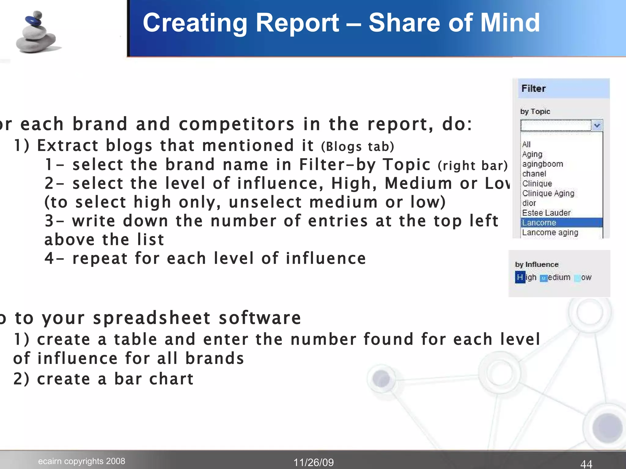 Creating Report – Share of Mind For each brand and competitors in the report, do: 1) Extract blogs that mentioned it  (Blogs tab) 1- select the brand name in Filter-by Topic  (right bar) 2- select the level of influence, High, Medium or Low (to select high only, unselect medium or low) 3- write down the number of entries at the top left  above the list 4- repeat for each level of influence Go to your spreadsheet software 1) create a table and enter the number found for each level  of influence for all brands 2) create a bar chart  