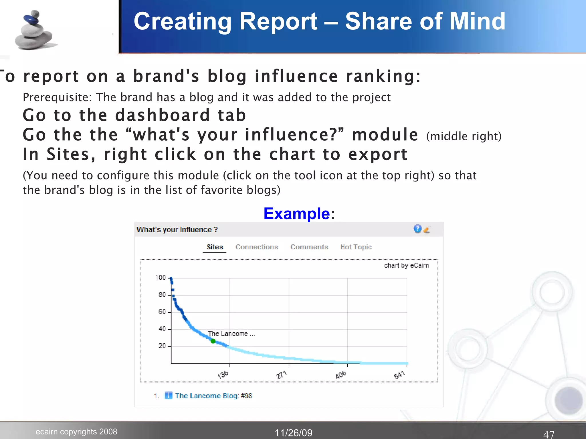 Creating Report – Share of Mind To report on a brand's blog influence ranking: Prerequisite: The brand has a blog and it was added to the project Go to the dashboard tab Go the the “what's your influence?” module  (middle right) In Sites, right click on the chart to export (You need to configure this module (click on the tool icon at the top right) so that the brand's blog is in the list of favorite blogs) Example : 
