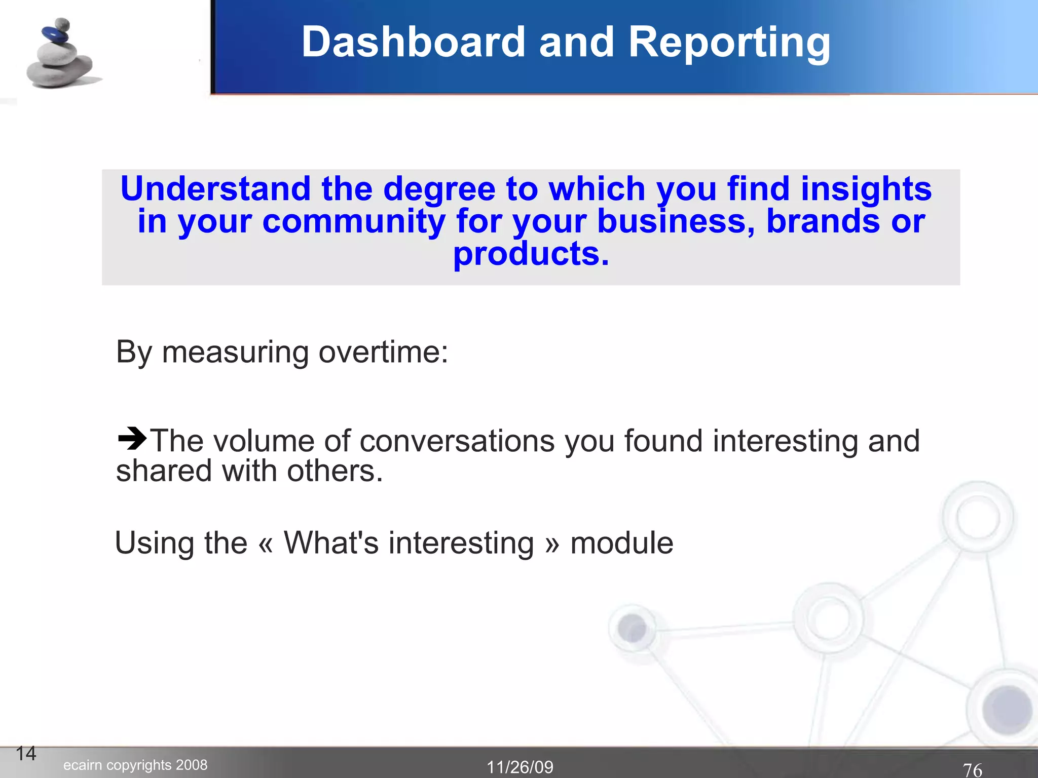 14 Dashboard and Reporting Understand the degree to which you find insights  in your community for your business, brands or products. The volume of conversations you found interesting and shared with others. By measuring overtime: Using the « What's interesting » module  