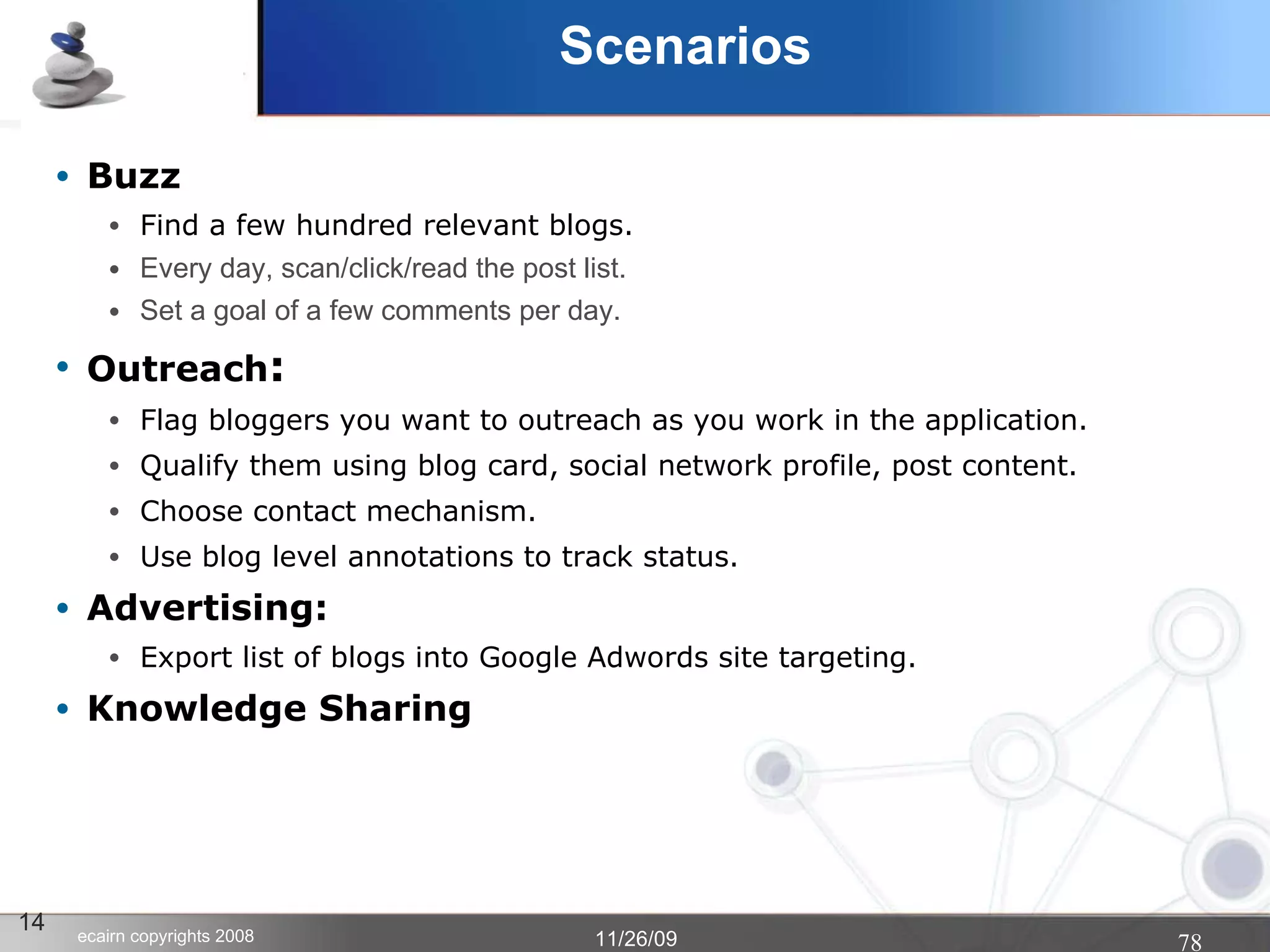 Scenarios  Buzz Find a few hundred relevant blogs.   Every day, scan/click/read the post list. Set a goal of a few comments per day. Outreach : Flag bloggers you want to outreach as you work in the application. Qualify them using blog card, social network profile, post content. Choose contact mechanism. Use blog level annotations to track status. Advertising: Export list of blogs into Google Adwords site targeting. Knowledge Sharing 14 