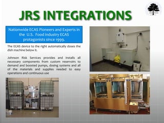 JRS INTEGRATIONS
The ECAS device to the right automatically doses the
dish machine below it.
Johnson Risk Services provides and installs all
necessary components from custom reservoirs to
demand and boosted pumps, dosing systems and all
of the materials and supplies needed to easy
operations and continuous use
Nationwide ECAS Pioneers and Experts in
the U.S. Food industry ECAS
protagonists since 1999.
 