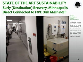 18
STATE OF THE ART SUSTAINABILITY
Surly (Destination) Brewery, Minneapolis
Direct Connected to FIVE Dish Machines!!
Designer:
Steve Carlson,
President
Robert Rippe Assoc.
1 conveyor, 1 door
and 3 glass washers
served by (2) mini’s
run in parallel tied to
common reservoirs.
Glass washers are on
level two. Nearest
dish machine is 30’
away; most remote
machine is 110’ away.
 