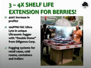 3 – 4X SHELF LIFE
EXTENSION FOR BERRIES!
400% increase in
profits!
100PPM FAC Ultra-
Lyte in unique
Ultrasonic fogger
with “Double Dome”
from Diligence Corp.
Fogging systems for
retail cases, cold
rooms, containers
and trailers
 