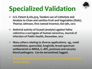 Specialized Validation
U.S. Patent 8,282,974, Tandem use of Catholyte and
Anolyte to Clean and sanitize Fruit and Vegetables (Dole),
Thomas Johnson, first named inventor, Oct 9th, 2012
Antiviral activity of Ecasol (anolyte) against feline
calicivirus a surrogate of human norovirus, Journal of
Infection of Public Health, December, 2012
Many others relating to diverse applications; eg., mold
remediation, sporocidal, fungicide, broad spectrum
antibacterial vs MRSA, C. diff., protozoa and oocysts;
blood pathogens. Can be aerosolized; fogged.
http://cfpub.epa.gov/si/si_public_record_Report.cfm?dirE
ntryId=238135
 