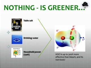 NOTHING - IS GREENER…
Table salt
Drinking water
Household power
(120V) HOCl is up to 300X more
effective than bleach, and its
non-toxic!
 