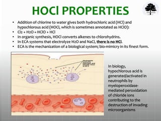 HOCl PROPERTIES
• Addition of chlorine to water gives both hydrochloric acid (HCl) and
hypochlorous acid (HOCl, which is sometimes annotated as HClO):
• Cl2 + H2O « HClO + HCl
• In organic synthesis, HOCl converts alkenes to chlorohydrins.
• In ECA systems that electrolyze H2O and NaCl, there is no HCl.
• ECA is the mechanization of a biological system; bio-mimicry in its finest form.
In biology,
hypochlorous acid is
generated/activated in
neutrophils by
myeloperoxidase-
mediated peroxidation
of chloride ions
contributing to the
destruction of invading
microorganisms
 
