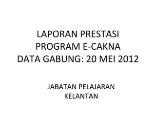 LAPORAN PRESTASI
   PROGRAM E-CAKNA
DATA GABUNG: 20 MEI 2012

      JABATAN PELAJARAN
          KELANTAN
 
