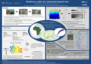 Resilience scales of a dammed tropical river
References
Elisa Calamita 1, Martin Schmid 2, Bernhard Wehrli 1,2
ETH Zürich, Environmental Systems Sciences - Aquatic Chemistry; elisa.calamita@usys.ethz.ch
1
2
...the reversible/irreversible
classification is not straightforward
because of the complexity of the
river systems.
• artificial river impoundments disrupt the seasonality and dynamics of thermal, chemical, morphological
and ecological regimes in river systems
‘river continuum’ discontinuity element downstream ecosystem
motivation
resilience scales
multisystem modelling
Physical
runoff (Q)
temperature (T)
sediment supply (sed)
light
Chemical
oxygen (O2)
CO2 and CH4
pH
nitrogen (N)
organic matter (OM)
phosphorus (P)
total suspended solids (TSS)
Biological
plankton (PP)
benthos (ben)
fish
reversible or irreversible?
Impoundment alterations on downstream river systems:
Zambezi River…Kariba Dam • biogeochemical model for Lake Kariba by using GLM
• water quality survey
• assessment of released water quality
• quantification of seasonal water quality alterations
• spatio-temporal river water quality modelling
time [month]
opened in 1959 for hydropower production
total capacity: 180 km3
second largest artificial lake in Africa
preliminary results
The water temperature resilience is shown
already 40 km downstream the reservoir,
the seasonality starts to be recovered…
…at the same location the
discharge doesn’t show
any seasonal variability.
The resilience scale is a
measure of the disruption of
the continuum river system…
..it is a measure of the
longitudinal extent of the
physicochemical alterations.
[Wikipedia]
[Wikipedia]
• river systems resilience downstream the dam has never been quantified
[Wikipedia]
maximum water depth: 97 m
Ward and Stanfard, 1983. The Serial Discontinuity Concept of lotic ecosystems. In: Fontaine, TD, Bartell, SM (Eds), Dynamics of lotic ecosystems Ann Arbor Science, Ann Arbor, Michigan: 29-42.
Straskraba, Tundisi and Duncan, 1993. State-of-the-art of reservoir limnology and water quality management. Comparative reservoir limnology and water quality management: 213-288.
Oliver, Dahlgren and Deas, 2014. The upside-down river: reservoirs, algal blooms, and tributaries affect temporal and spatial patterns in nitrogen and phosphorus in the Klamath River, USA. Journal of hydrology 519: 164-176.
Piccolroaz, Calamita, Majone, Gallice, Siviglia and Toffolon, 2016. Prediction of river water temperature: a comparison between a new family of hybrid models and statistical approaches. Hydrological processes 30: 3901—3917
Teodoru, Nyoni, Borges, Darchambeau, Nyambe and Bouillon, 2015. Dynamics of greenhouse gases (CO2, CH4, N2O) along the Zambezi River and major tributaries, and their importance in the riverine carbon budget. Biogeosciences 12: 2431-2453.
DAFNE project
• the Zambezi River is one of the most dammed river of Africa, with further
dams already planned to be installed
• little is known about the longitudinal distance that rivers need to partially restore
their physical, chemical and biological integrity
The reversibility of some characteristics is intimately
linked to the equilibrium between the river and
surrounding environment (atmosphere, streambed,..)
EU project supported by
Horizon 2020 Research
and Innovation Action:
Decision-Analytic Framework to
explore the water-energy-food Nexus
in complex and transboundary water
resources systems of fast growing
developing countries.
DAFNE How are dams changing water quality in
tropical African rivers?
time [day]
depth
35
16
T[°C]
water temperature
coordination WEF drivers analysis and modelling socio-economy trade-off results impact communication
WP1 WP2
WP3
WP4 WP5 WP6 WP7
www.dafne.ethz.ch
Temperature[°C]Discharge[m3/s]
 