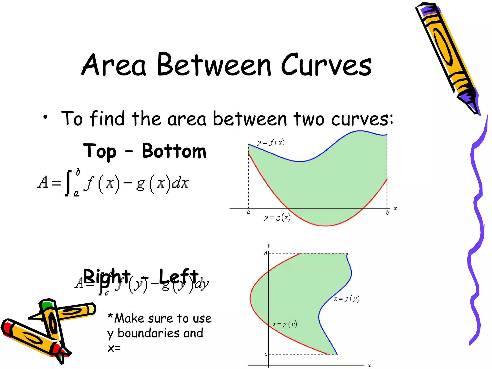 Area Between Curves To find the area between two curves: Top – Bottom Right - Left *Make sure to use y boundaries and x=