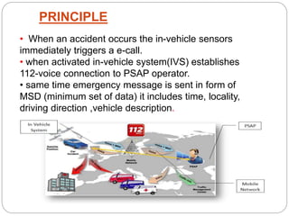 PRINCIPLE
• When an accident occurs the in-vehicle sensors
immediately triggers a e-call.
• when activated in-vehicle system(IVS) establishes
112-voice connection to PSAP operator.
• same time emergency message is sent in form of
MSD (minimum set of data) it includes time, locality,
driving direction ,vehicle description.
 
