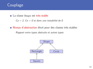 Couplage
La classe Shape est très stable
Ca = 2, Ce = 0 et donc une instabilité de 0
Niveau d’abstraction élevé pour des classes très stables
Rapport entre types abstraits et autres types
Shape
Rectangle
Square
Circle
11
 
