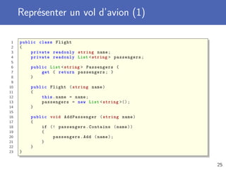 Représenter un vol d’avion (1)
1 public class Flight
2 {
3 private readonly string name;
4 private readonly List <string > passengers;
5
6 public List <string > Passengers {
7 get { return passengers; }
8 }
9
10 public Flight (string name)
11 {
12 this.name = name;
13 passengers = new List <string >();
14 }
15
16 public void AddPassenger (string name)
17 {
18 if (! passengers.Contains (name))
19 {
20 passengers.Add (name);
21 }
22 }
23 }
25
 