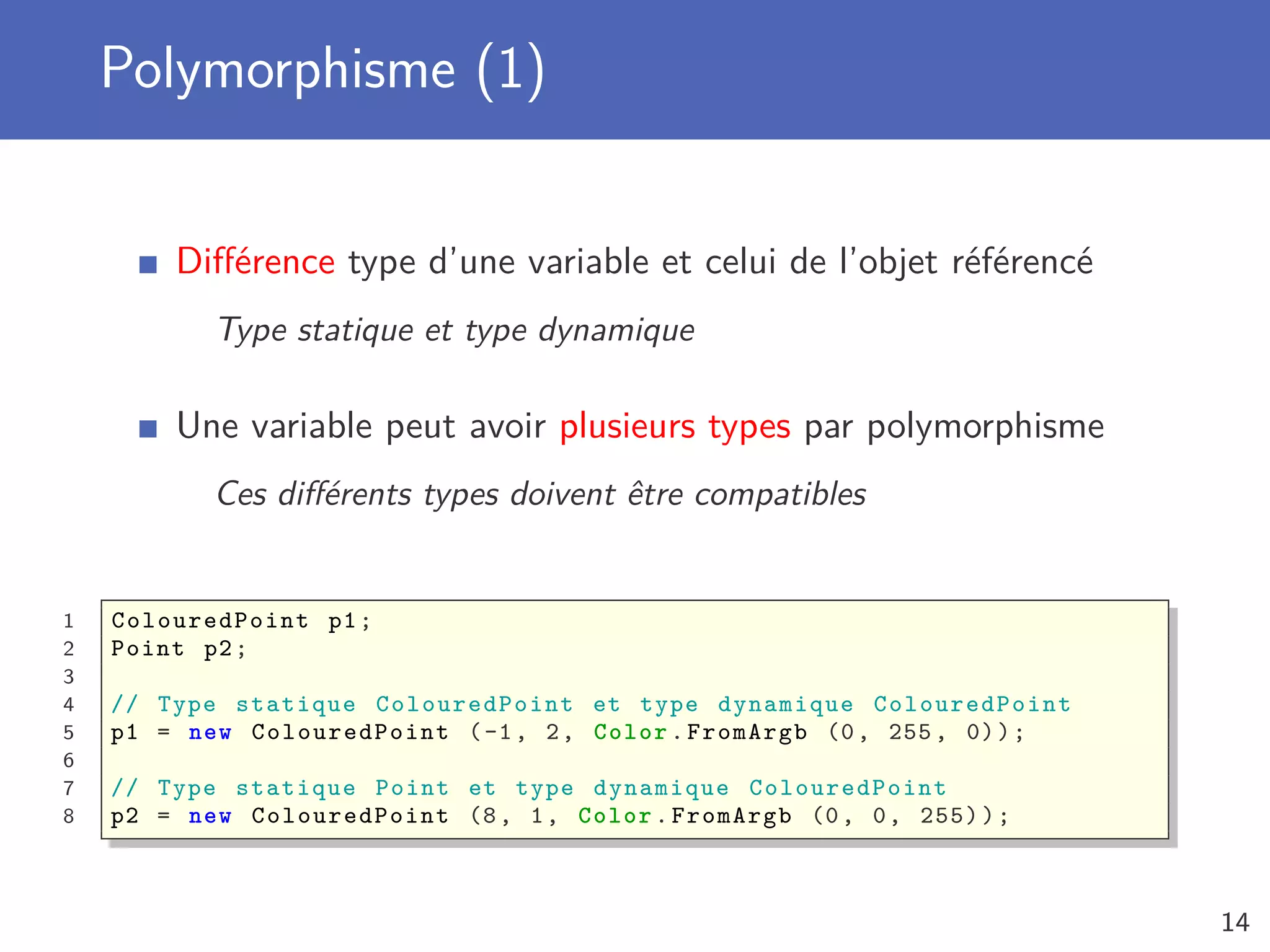 Polymorphisme (1)
Diﬀérence type d’une variable et celui de l’objet référencé
Type statique et type dynamique
Une variable peut avoir plusieurs types par polymorphisme
Ces diﬀérents types doivent être compatibles
1 ColouredPoint p1;
2 Point p2;
3
4 // Type statique ColouredPoint et type dynamique ColouredPoint
5 p1 = new ColouredPoint (-1, 2, Color.FromArgb (0, 255, 0));
6
7 // Type statique Point et type dynamique ColouredPoint
8 p2 = new ColouredPoint (8, 1, Color.FromArgb (0, 0, 255));
14
 
