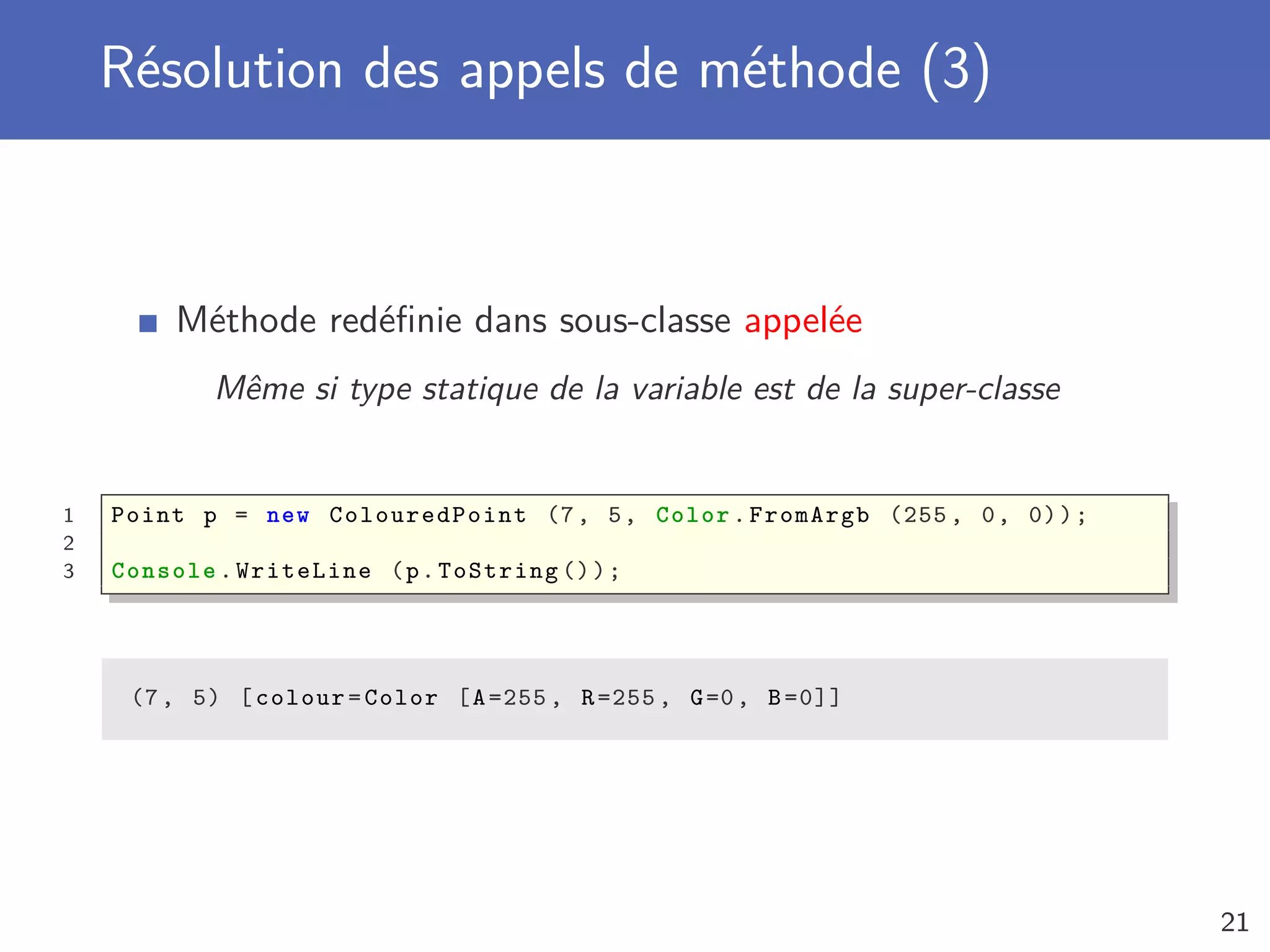 Résolution des appels de méthode (3)
Méthode redéﬁnie dans sous-classe appelée
Même si type statique de la variable est de la super-classe
1 Point p = new ColouredPoint (7, 5, Color.FromArgb (255 , 0, 0));
2
3 Console .WriteLine (p.ToString ());
(7, 5) [colour=Color [A=255 , R=255 , G=0, B=0]]
21
 