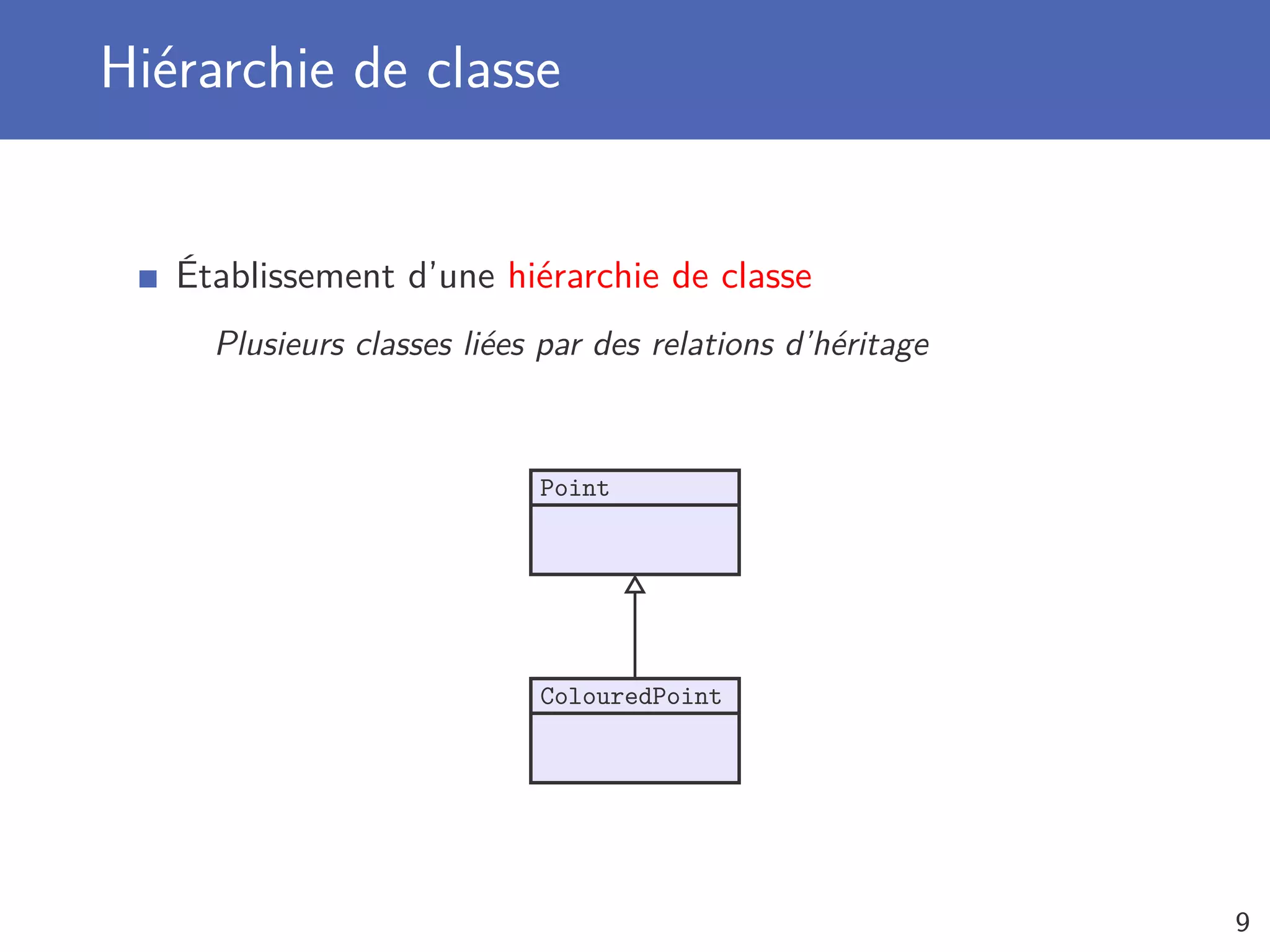 Hiérarchie de classe
Établissement d’une hiérarchie de classe
Plusieurs classes liées par des relations d’héritage
Point
ColouredPoint
9
 