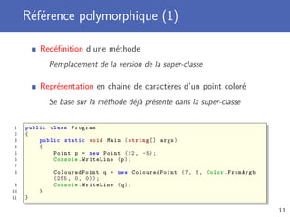 Référence polymorphique (1)
Redéﬁnition d’une méthode
Remplacement de la version de la super-classe
Représentation en chaine de caractères d’un point coloré
Se base sur la méthode déjà présente dans la super-classe
1 public class Program
2 {
3 public static void Main ( string [] args)
4 {
5 Point p = new Point (12, -5);
6 Console .WriteLine (p);
7
8 ColouredPoint q = new ColouredPoint (7, 5, Color.FromArgb
(255 , 0, 0));
9 Console .WriteLine (q);
10 }
11 }
11
 