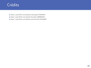 Crédits
https://www.ﬂickr.com/photos/caochopp/5714454341
https://www.ﬂickr.com/photos/foxrosser/2984981024
https://www.ﬂickr.com/photos/summerwind/191444024
44
 