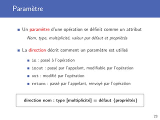 Paramètre
Un paramètre d’une opération se déﬁnit comme un attribut
Nom, type, multiplicité, valeur par défaut et propriétés
La direction décrit comment un paramètre est utilisé
in : passé à l’opération
inout : passé par l’appelant, modiﬁable par l’opération
out : modiﬁé par l’opération
return : passé par l’appelant, renvoyé par l’opération
direction nom : type [multiplicité] = défaut {propriétés}
23
 