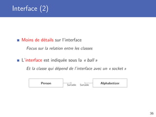 Interface (2)
Moins de détails sur l’interface
Focus sur la relation entre les classes
L’interface est indiquée sous la « ball »
Et la classe qui dépend de l’interface avec un « socket »
Person Sortable Sortable
Alphabetizer
36
 