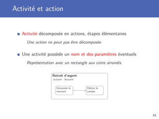 Activité et action
Activité décomposée en actions, étapes élémentaires
Une action ne peut pas être décomposée
Une activité possède un nom et des paramètres éventuels
Représentation avec un rectangle aux coins arrondis
Retrait d’argent
account : Account
Demander le
montant
Débiter le
compte
41
 
