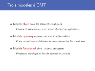 Trois modèles d’OMT
Modèle objet pour les éléments statiques
Classes et associations, avec les attributs et les opérations
Modèle dynamique pour une vue état/transition
États, transitions et évènements pour déclencher les transitions
Modèle fonctionnel gère l’aspect processus
Processus, stockage et ﬂux de données et acteurs
7
 