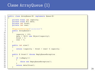 Classe ArrayQueue (1)
1 public class ArrayQueue <E> implements Queue <E>
2 {
3 private final int capacity;
4 private final E[] data;
5 private int front;
6 private int rear;
7
8 @SuppressWarnings ("unchecked")
9 public ArrayQueue ()
10 {
11 capacity = 100;
12 data = (E[]) new Object[capacity ];
13 front = 0;
14 rear = 0;
15 }
16
17 public int size ()
18 {
19 return (capacity - front + rear) % capacity;
20 }
21
22 public E front () throws EmptyQueueException
23 {
24 if (isEmpty ())
25 {
26 throw new EmptyQueueException ();
27 }
28 return data[front ];
29 }
29
 