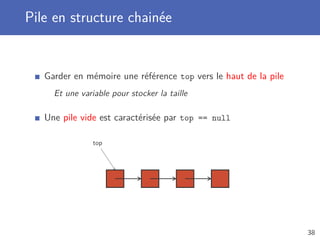 Pile en structure chainée
Garder en mémoire une référence top vers le haut de la pile
Et une variable pour stocker la taille
Une pile vide est caractérisée par top == null
top
38
 
