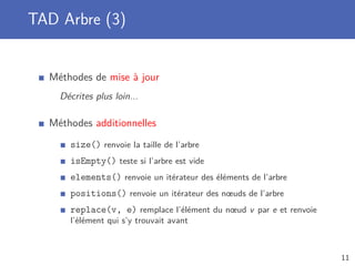 TAD Arbre (3)
Méthodes de mise à jour
Décrites plus loin...
Méthodes additionnelles
size() renvoie la taille de l’arbre
isEmpty() teste si l’arbre est vide
elements() renvoie un itérateur des éléments de l’arbre
positions() renvoie un itérateur des nœuds de l’arbre
replace(v, e) remplace l’élément du nœud v par e et renvoie
l’élément qui s’y trouvait avant
11
 